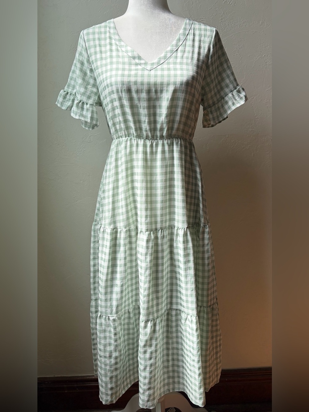 To My Lovers Sage Green Gingham Cotton Tiered Midi Dress Small NWT - Picture 3 of 12